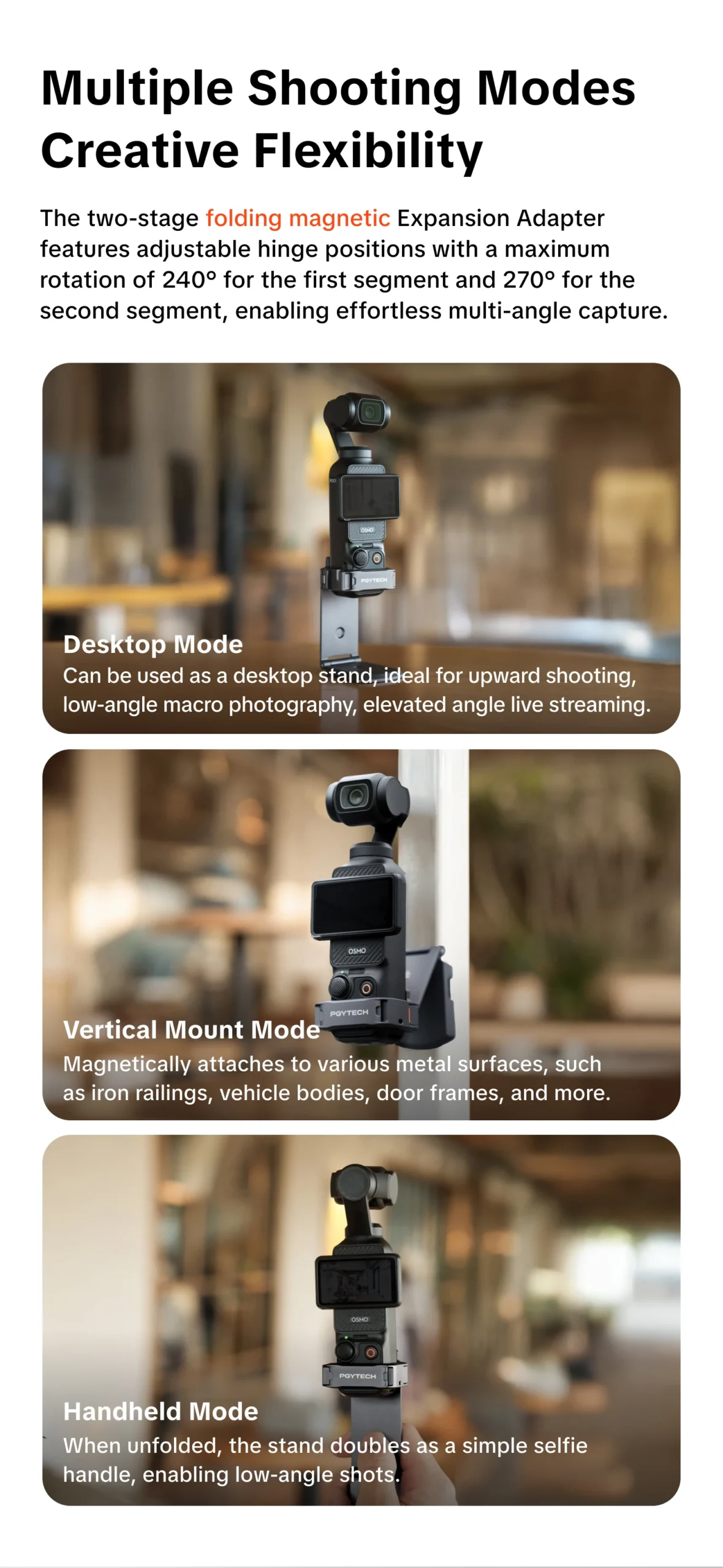 PGYTECH Magnetic Expansion Adapter Frame for DJI Osmo Pocket 3, Dual-Foldable Stand with Arca-Swiss & Cold Shoe Mount - Image 8