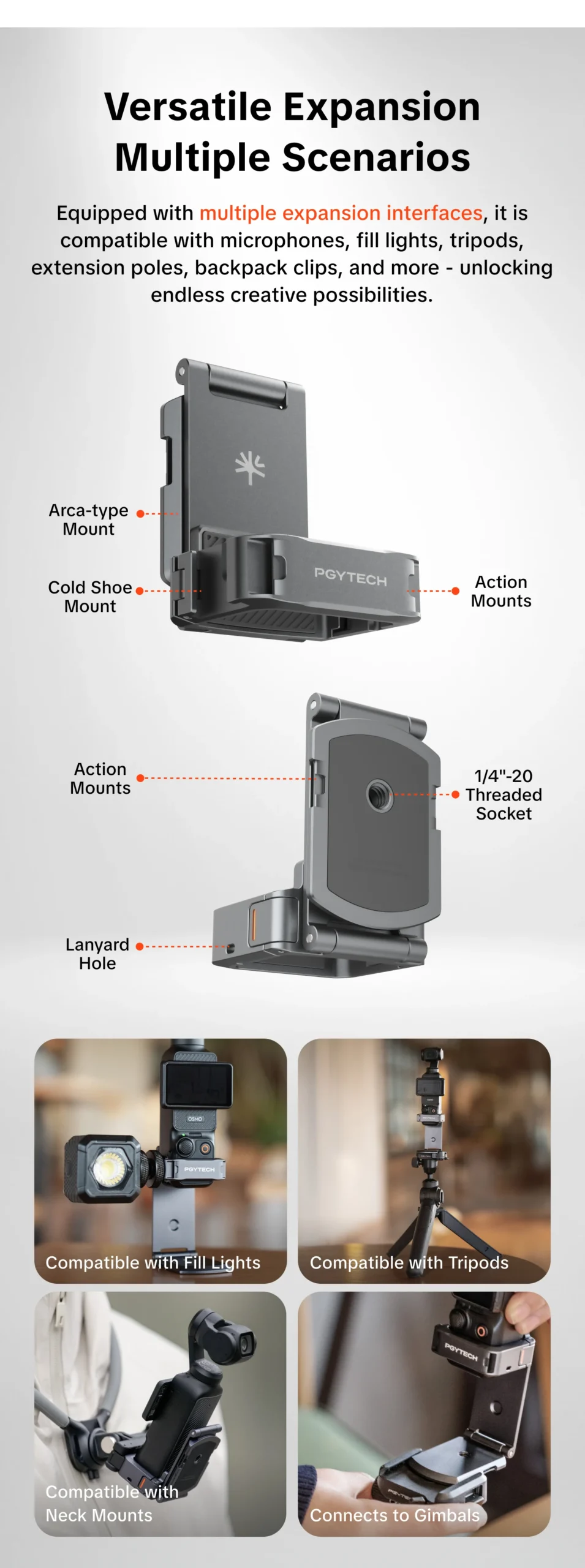 PGYTECH Magnetic Expansion Adapter Frame for DJI Osmo Pocket 3, Dual-Foldable Stand with Arca-Swiss & Cold Shoe Mount - Image 10