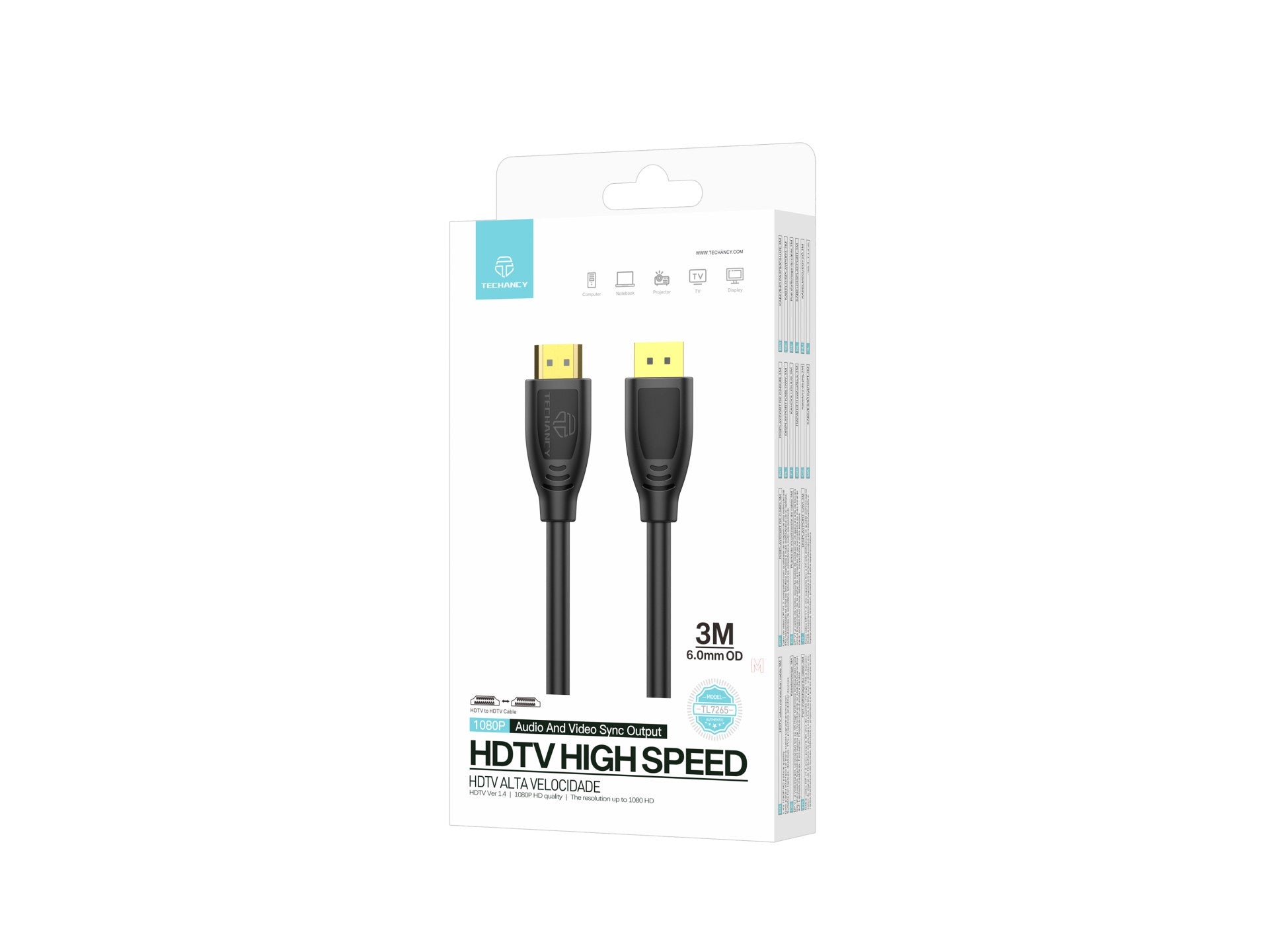 Techancy Cabo Hdtv De Alta Velocidade TL7265,3m, Ecrã Hd 1080p Para Televisores, Computadores, Projectores E Consolas - Image 3