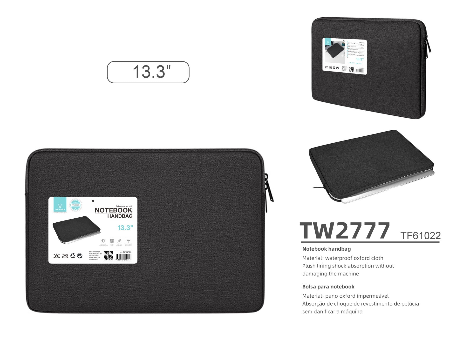 Mala para computador portátil Techancy TW2777, Preto, 13,3 polegadas, mala para tablet - Image 3